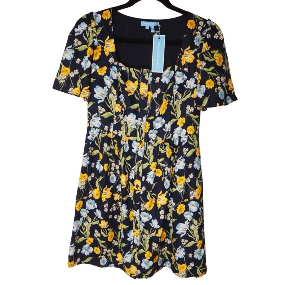 Draper James NWT Floral Linen Peasant Dress Square Neck Flutter Sleeve Size 0